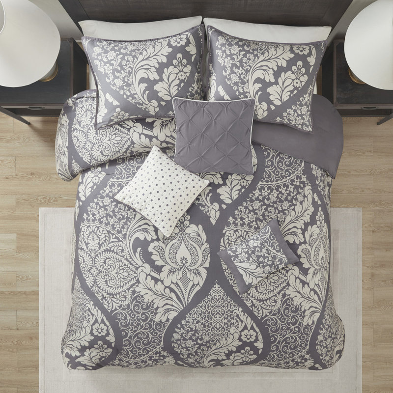 Édredon 7 pièces gris pour lit très grand - coton avec coussins décoratifs brodés, Gris