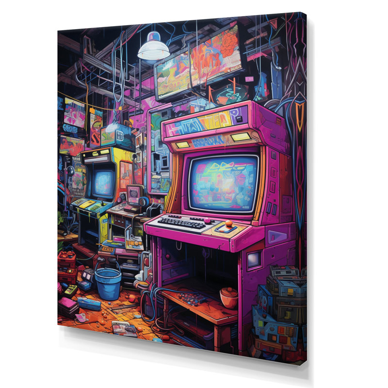 Jeu vidéo mauve bleu rétro, Toile tendue, H 44 po x l 34 po x P 1,5 po