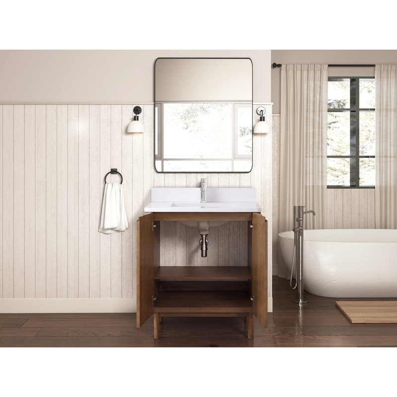 Meuble-lavabo sur pied moderne Tennant Brand 30 pouces, chêne chaud brun fumé, lavabo simple, comptoir en quartz blanc, entièrement assemblé