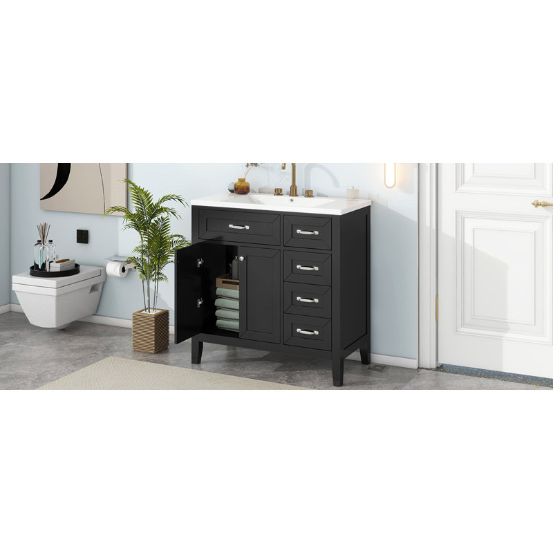 36" Bathroom Vanity With Sink Combo,  Bathroom Cabinet With Drawers, Solid Frame And MDF Board, Black / Silver