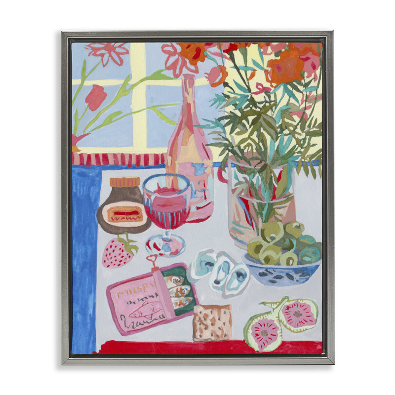 Red & Blue Table Setting Floating Frame, design by Melissa Wang, 21" H x 17" W, Luster Gray Floater Frame