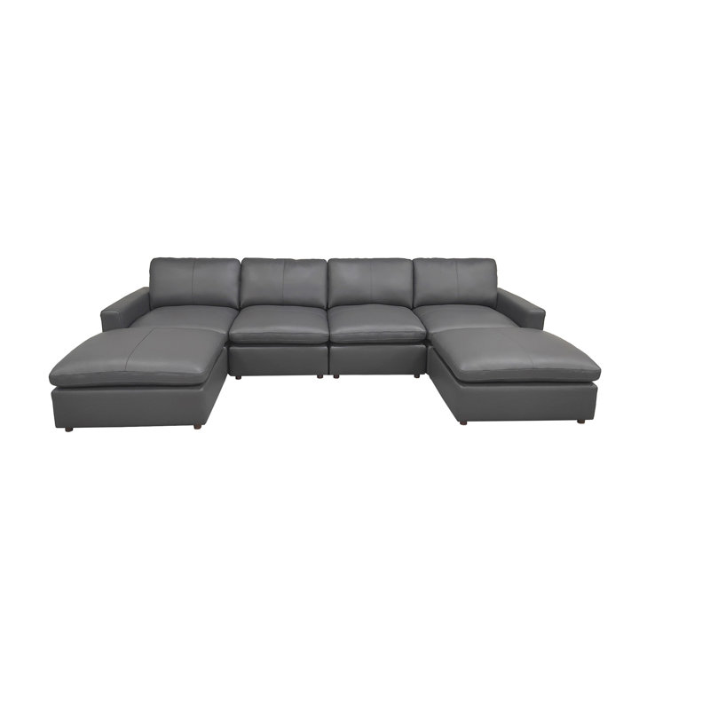 Canapé modulaire en cuir rembourré, Blue Grey, 36" H x 152" W x 76" D