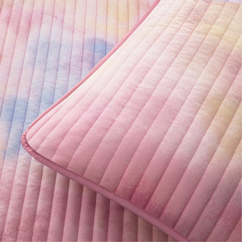 Ensemble de courtepointe à motif de teinture à l'aquarelle 4 pièces pour grand / double avec coussin décoratif, rose, Rose