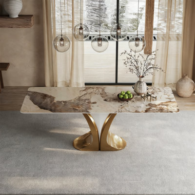 Valaree Gold Stainless - Steel Pedestal Sintered Stone Modern Dining Table by Everly Quinn