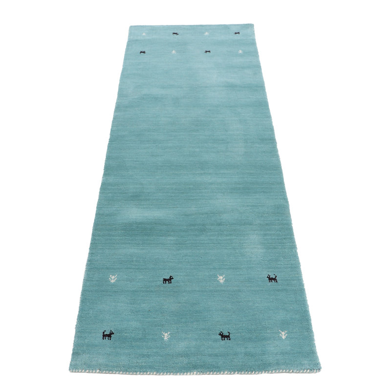 Handwoven Wool Gabbeh Uni Turquoise Rug, Runner 60 x 180cm
