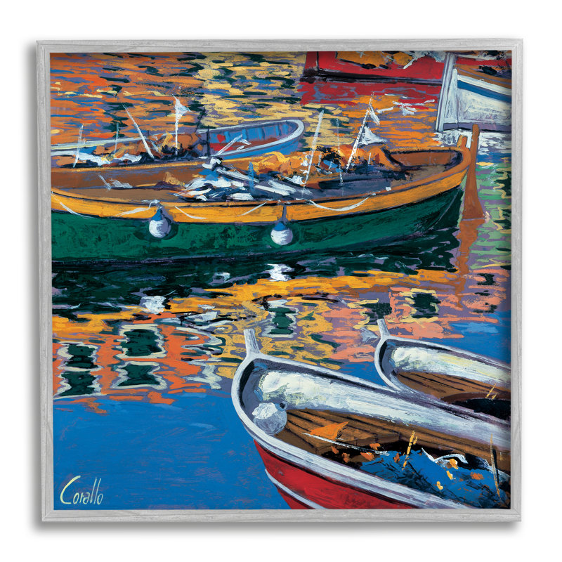 Bateaux dans la réflexion de l'eau, peinture sur bois encadrée, H 12 po x l 12 po x P 1,5 po, Estampe numérique Farmhouse