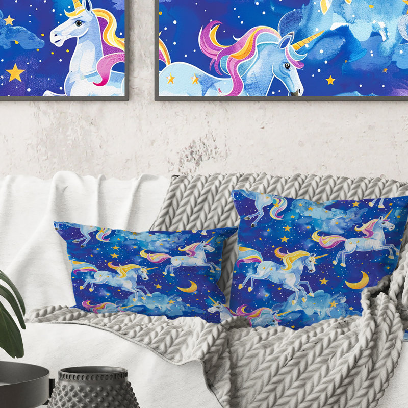 Motif de licorne bleu et jaune pour enfants - Coussin décoratif pour enfants, H 18 po x l 18 po