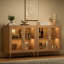 Buffet moderne avec lumières à DEL, buffet en acrylique 32 po avec 2 portes, tablette à café réglable pour le salon, la cuisine, chêne-781295502