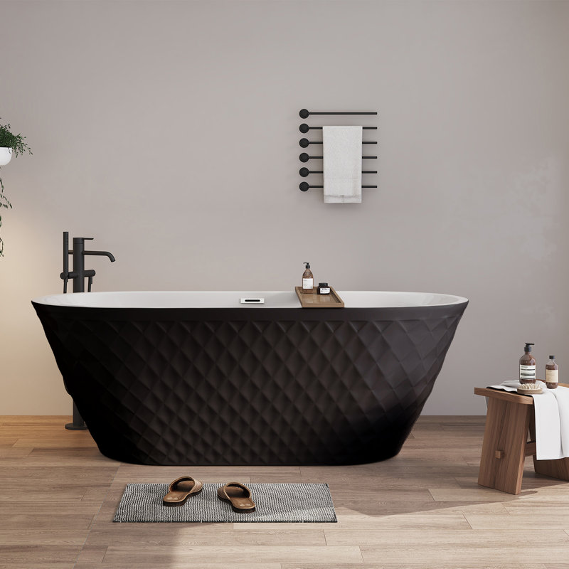 67'' Acrylic Freestanding Bathtub With Unique Diamond Pattern Design: Spacious Oval Shape, Black Finish, Chrome Overflow And Pop-up Drain Cupc Certificate