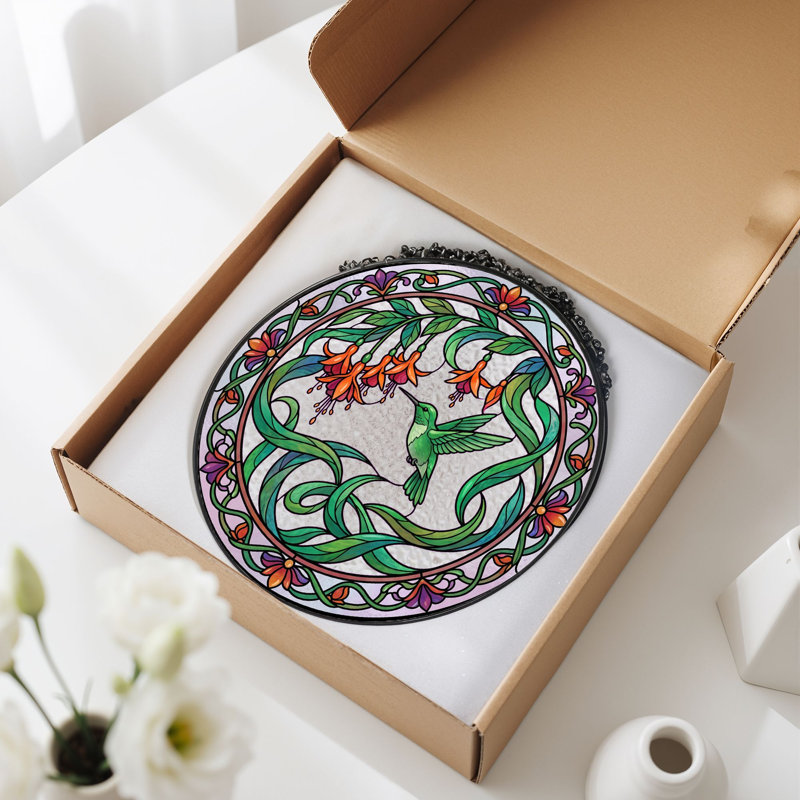 Vitrail de vitrail Hummingbird Floral - 7,8 H, 7.8"H