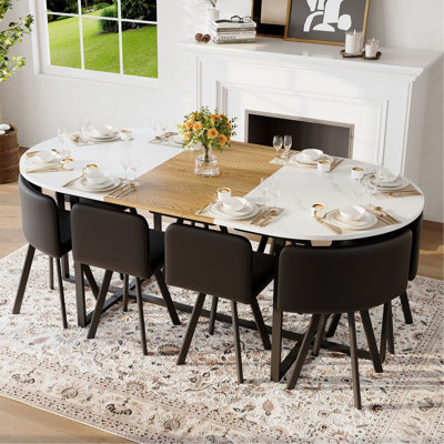 Modern 9-piece Dining Table Sets, White Marble & Wood Grain Design, Ideal For Family Gatherings