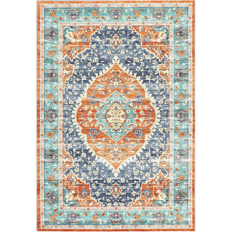 Machine Washable 4x6 Ft Vintage Chenille Print Rug, Non-Slip, Low Pile for Living Room/Bedroom/Dining Room/Home Office (Red)