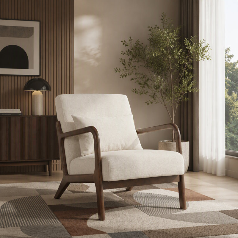 Chaise d'appoint rembourrée avec coussin lombaire Mid-Century, Marron foncé, Blanc antique