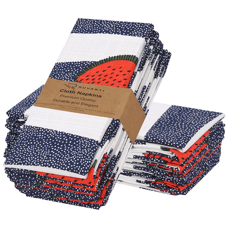 Print Cloth Napkins 100% Cotton Table Napkins Multi-Pattern Square Napkins 20+ Colors, Blue/White Watermelon