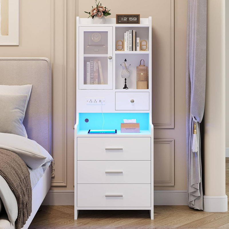 Tall Night Stand With Charging Station And Led Lights,49.2" Nightstand With Bookshelf,adjustable Shelf With Glass Door, Gray Bedside Table With Drawers,end Side Table For Bedrooms