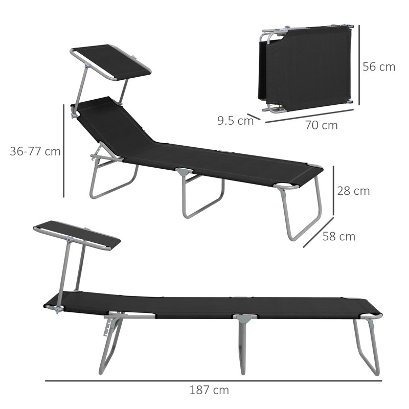 Outsunny Folding Sun Lounger Set of 2 with Canopy, Portable Black