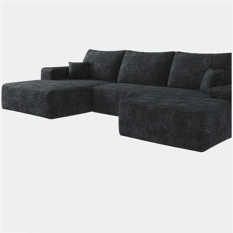 Canapé de 135 pouces avec 1 repose-pieds, canapé en velours simple moderne, canapé de salon en forme de U confortable, canapé d'angle à siège profond, sans assemblage requis, noir (faux velours)