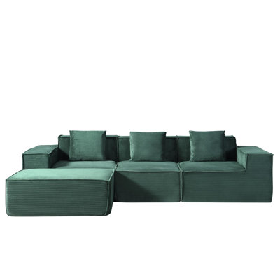 Convertible Corduroy Sectional Couch with Ottoman & Pillows