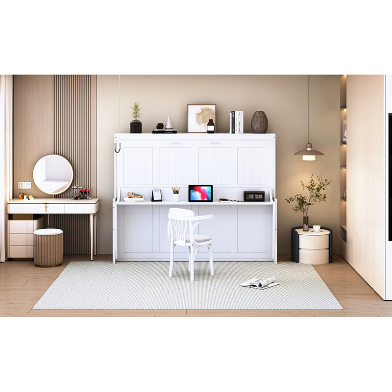 Lit de taille avec bureau hydraulique, espace pour les petits espaces, structure solide assurant la stabilité, rangement intégré et matelas, charnières murales pour matelas de 10 pouces, pratique, poids de 600 lb