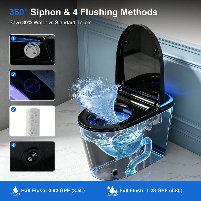 Modern Tankless Smart Toilet with Built-In Bidet & Touchless Flush, Black