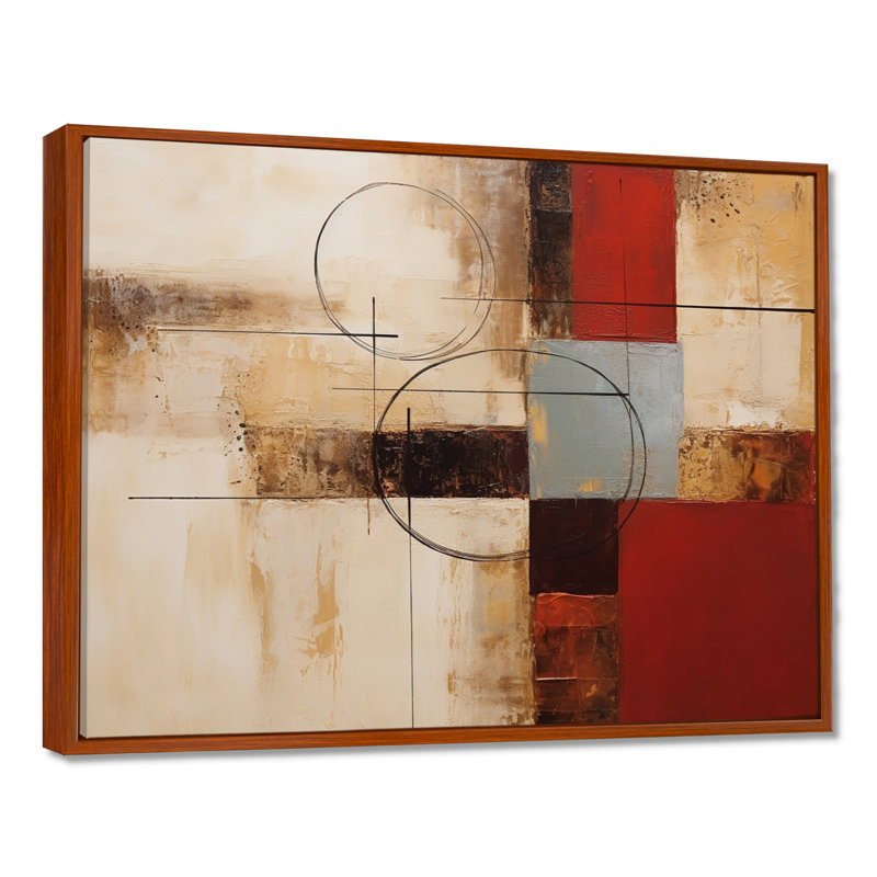 «Cubist Red Beige Colorfields - Abstract Collages», reproduction d'art mural, Toile avec cadre flottant brun