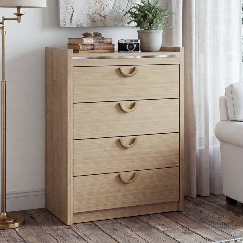 Commode 4 tiroirs de style Mid-Century moderne, commode en bois de chêne avec poignées courbées dorées, rangement de 38,46 po de hauteur pour le couloir de la chambre à coucher