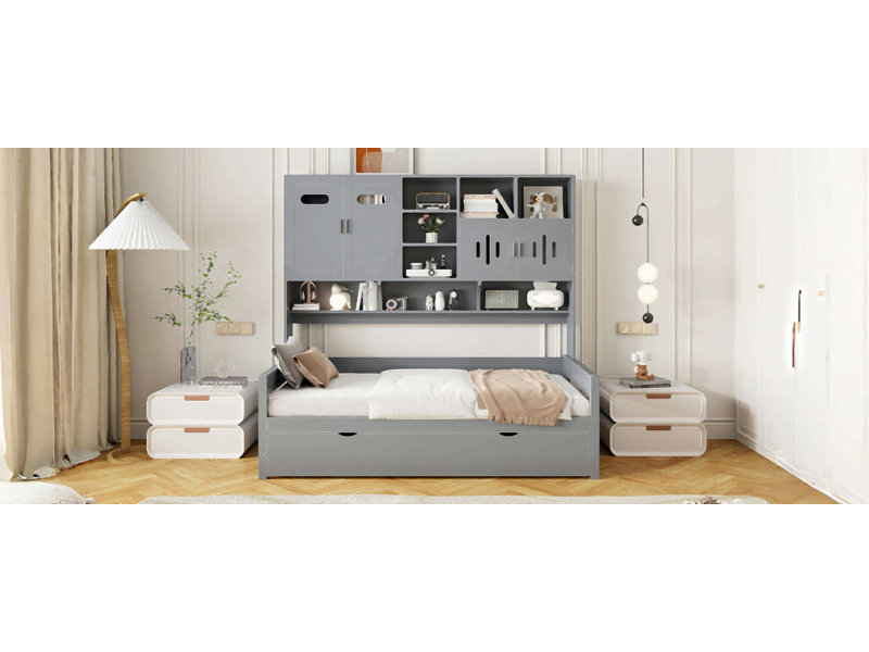 Lit de jour en bois avec lit gigogne simple, armoire et tablette tout-en-un, Lit simple