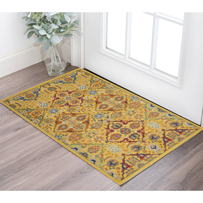 Tapis tissé à la machine 3 pi x 5 pi à motif floral jaune et rouge