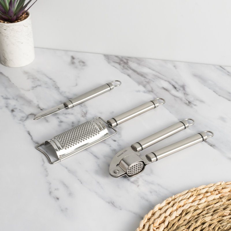 KitchenCraft Oval Handled Professional Stainless Steel Kitchen Tools, 3pc Set Including Peeler, Garlic Press and Curved Grater