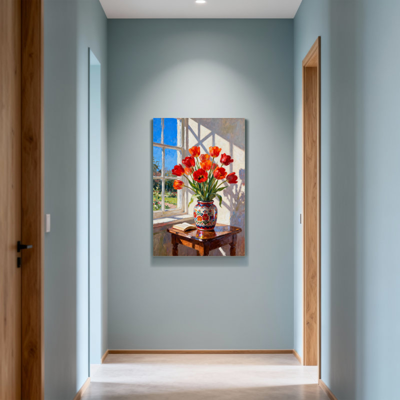 Plantes et fleurs, tulipes ensoleillées dans un vase coloré près de la fenêtre, H 12 po x l 18 po