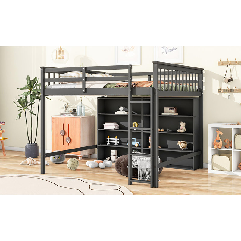 Lit mezzanine double gris avec 8 tablettes ouvertes et - Économie d'espace pour les dortoirs
