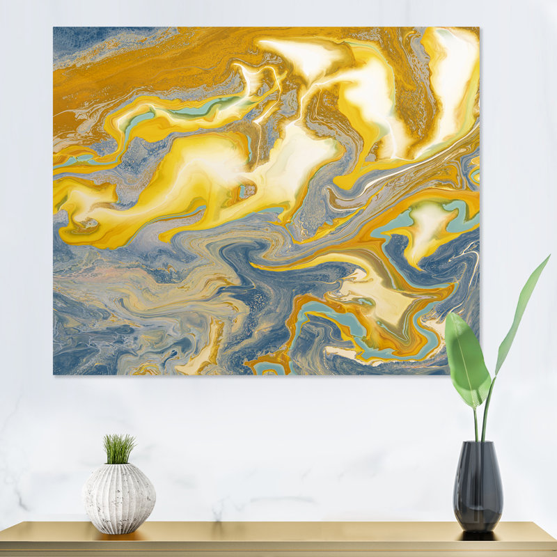 Jaune et bleu vagues de marbre I - peinture sur toile, H 30 po x l 40 po x P 1,5 po, Toile tendue