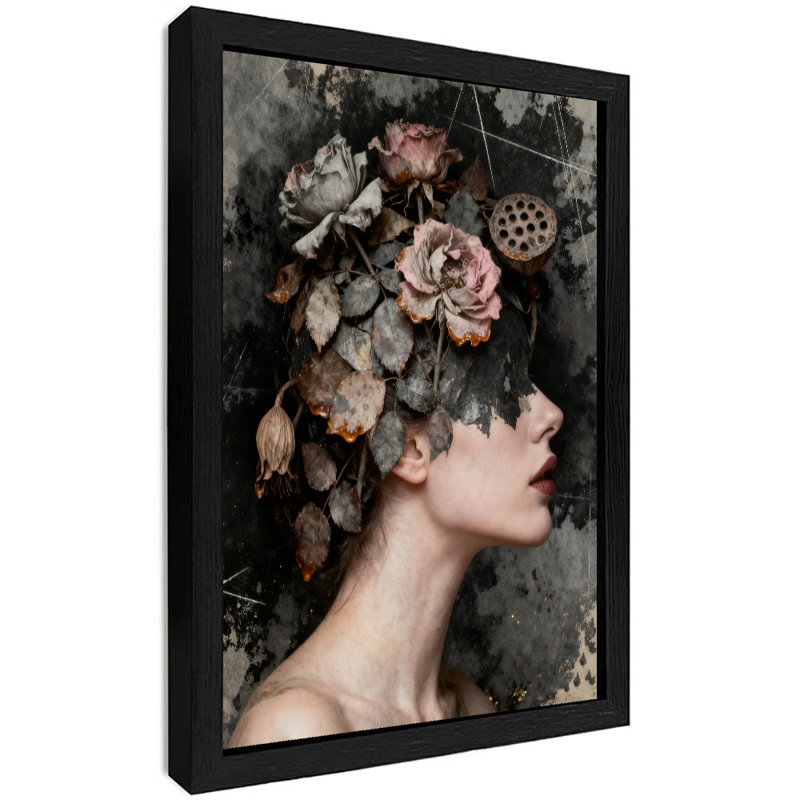 Art mural noir rétro avec femme et nature, impression de style surréel foncé, H 11 po x l 9 po
