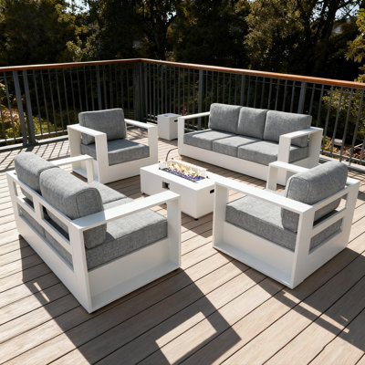 Modern Outdoor Aluminum 5-piece Conversation Set With Firepit Table