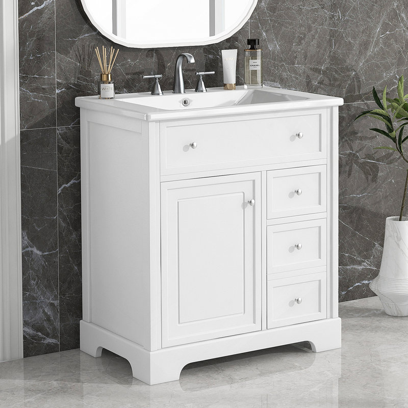 Meuble-lavabo avec comptoir d'évier Aghacully, meuble-lavabo avec porte et deux tiroirs, planches en panneau de fibres à densité moyenne, bois massif, un seul paquet