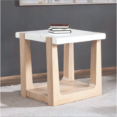 Table de bout 1pc, plateau en faux marbre à deux tons, fini naturel et blanc, salon principal