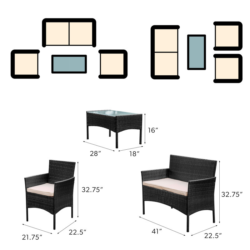 Ensemble de conversation pour terrasse 4 personnes, Structure brune / coussin beige