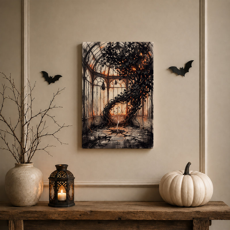 Vignes sombres et entrelacées et arbre lumineux dans une toile murale gothique d'Halloween, H 18 po x l 12 po