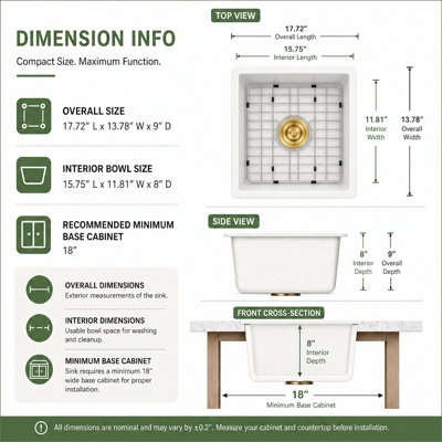 LQS 14''L X 18'' W Granite Composite Undermount White Bar Sink with Sink Grid and Basket Strainer