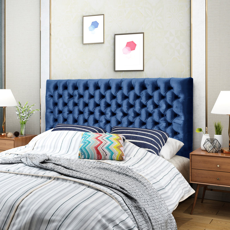 Button Diamond Stitched Headboard In Navy Blue Velvet, Queen Size Bed, Adjustable, Modern Bedroom Decoration With Velvet Upholstery, Stitch, Adjustable For Home