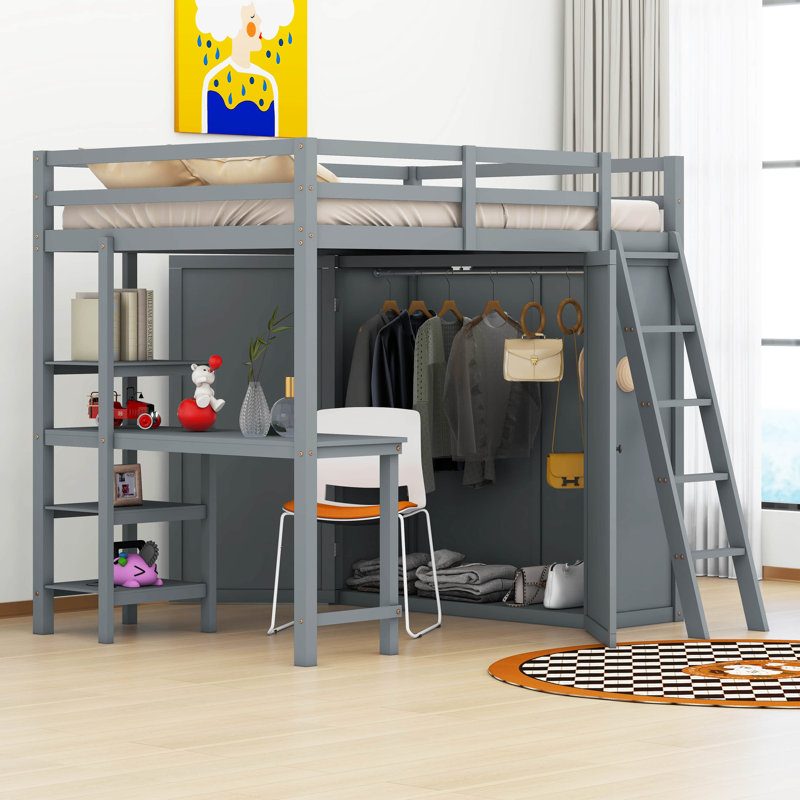 Lit mezzanine avec penderie et bureau Hayah, Double, gris