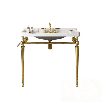 VICI 36" Bathroom Console Sink, Wall-Mounted White Ceramic Vanity Basin with 3 Pre-drilled Faucet Holes, Freestanding Stainless Steel Support Legs with Towel Bar, No Faucet & Sink Cover, Chrome Color