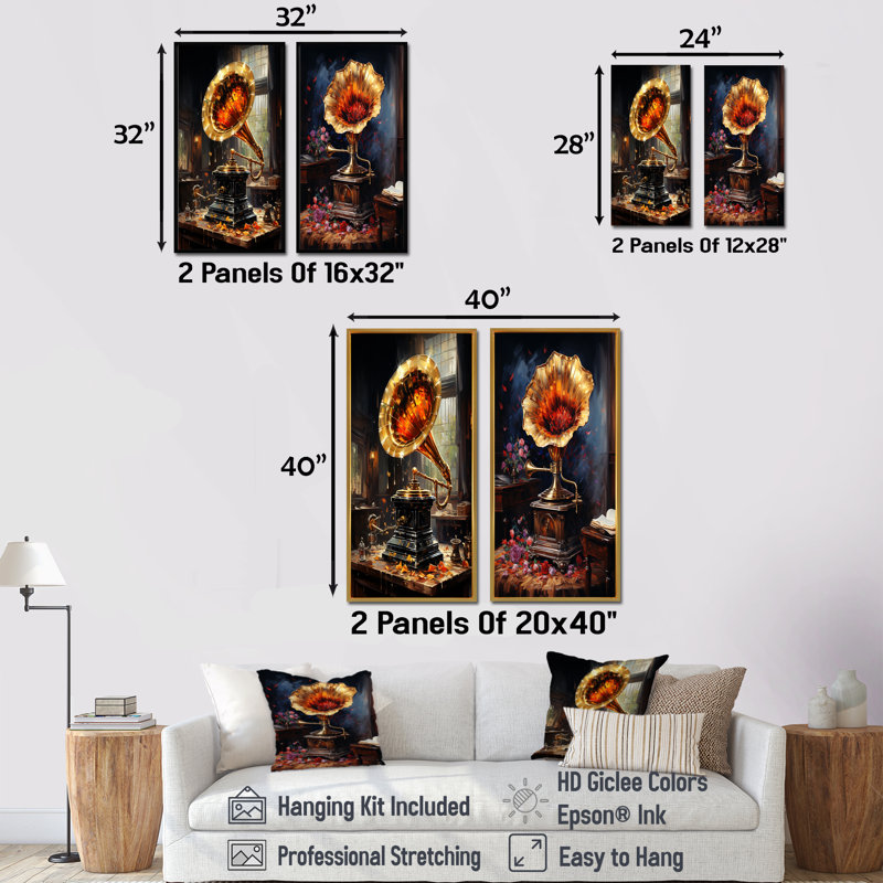 «Gold Phonographs Elegance I», ensemble de 2 reproductions d'art sur toile, Cadre flottant doré, H 28 po x l 25 po