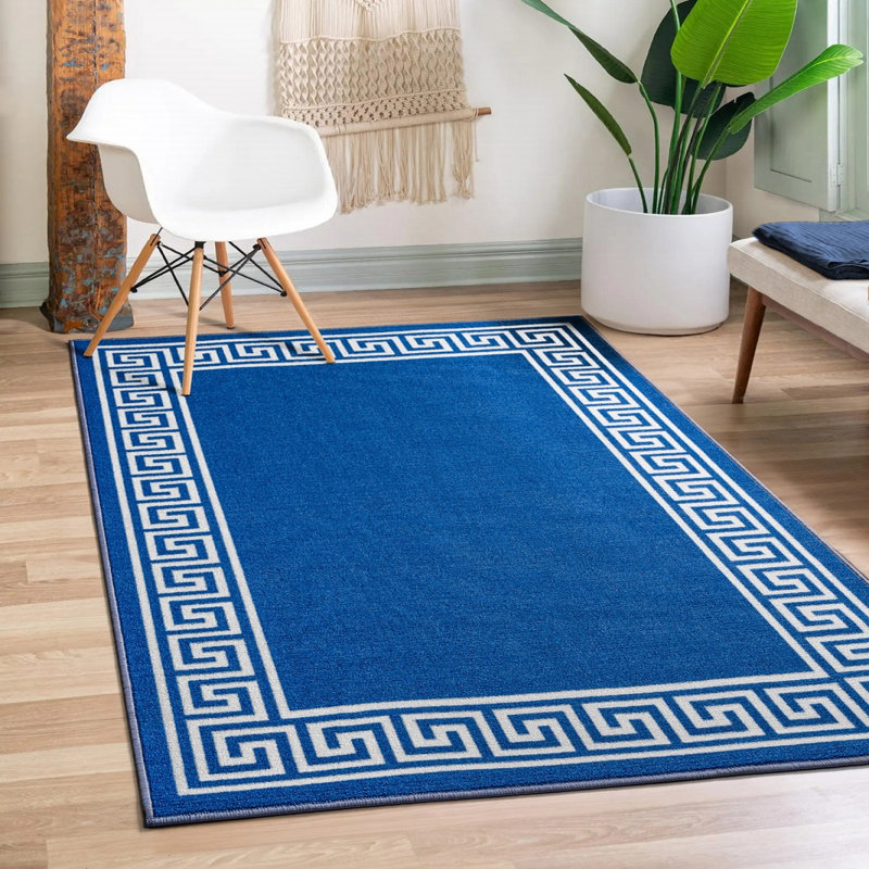 Greek-Key Blue Cream Non-Slip Polypropylene Area Rug — Washable Door Mat & Hallway Runner for Living Room, Kitchen & Bedroom