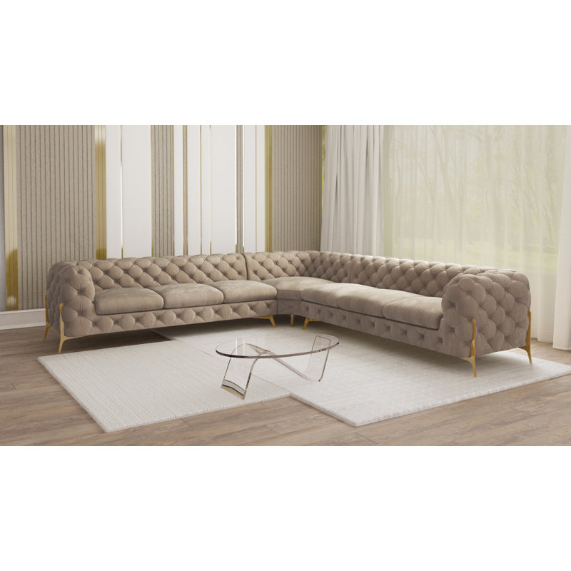 L-shape Corner Chesterfield Sofa  with Gold Metal Legs, Dark Cream