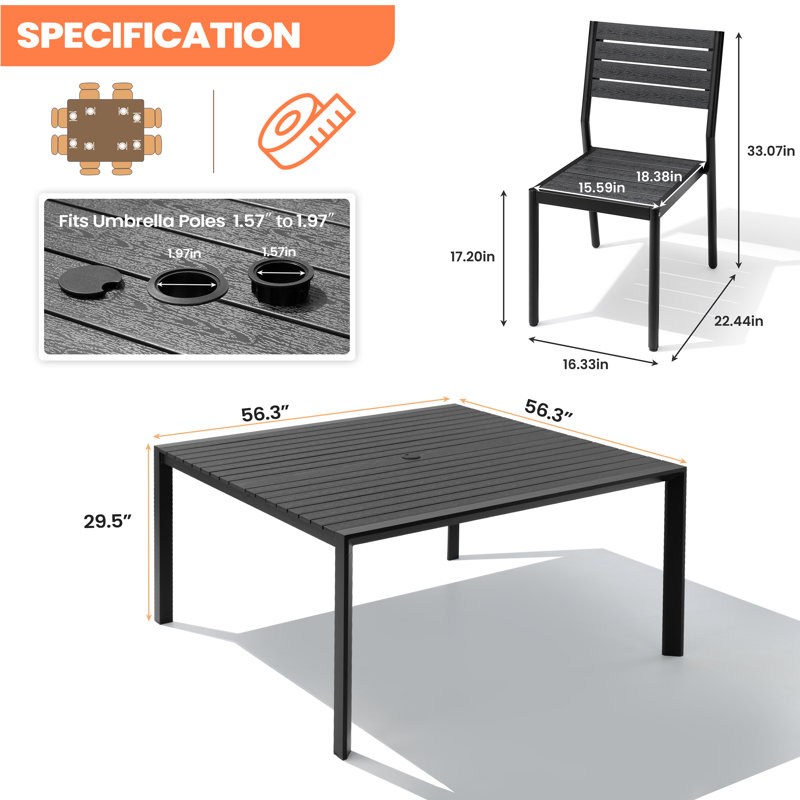 Ensemble repas pour 8 personnes en aluminium avec chaises empilables et trou pour parasol, Noir