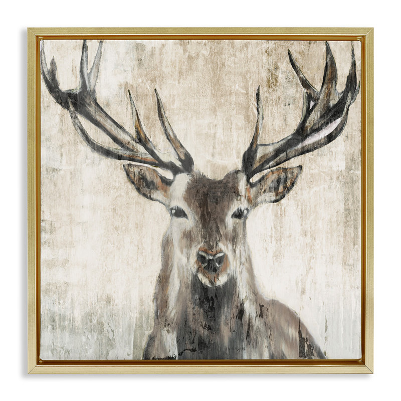 Portrait de faune d'élan rustique, Cadre flottant métallique doré, H 25 po x l 25 po