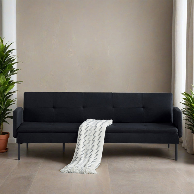 74.82" Wide Convertible Upholstered Reclining Sleeper Sofa Bed, Black