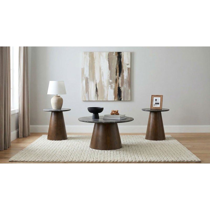 Ensemble de tables basses rondes à piédestal 3 pièces Franklin gris et brun foncé, 3 Pieces: Coffee Table, 2 End Tables