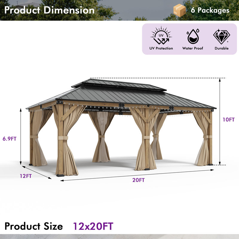 Classic 12 FTx 20 FT  Solid Wood Storage Gazebo With Double Iron Roof, Netting & Curtains, 12ft × 20ft